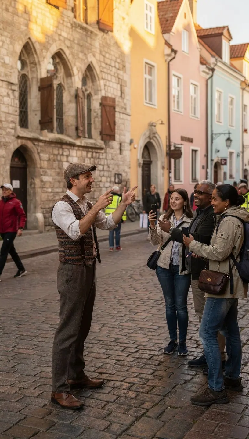 Local guide sharing insights with travelers in a city.